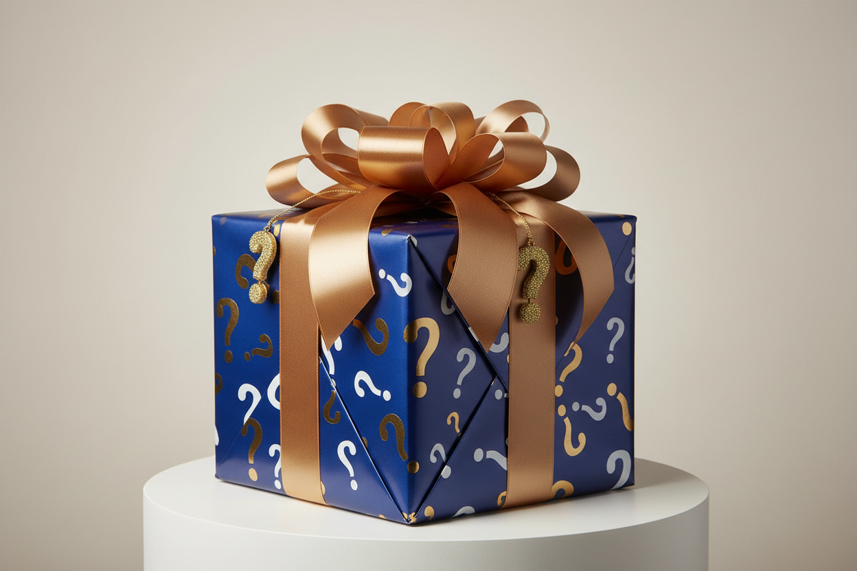 karton ładnie zapakowany a na nim znaki zapytania